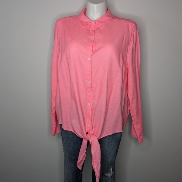Fresh Produce pink 100% cotton button up long sleeve tie front shirt 2X - Picture 1 of 9